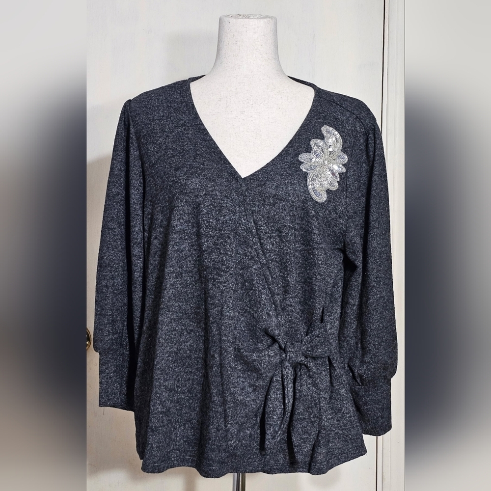 (NWOT) Adrianne Vittadini - Gray V-Neck Top with Beaded Embellishment (NWOT)